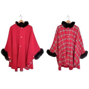 Vintage Reversible Wool Plaid Red Cape Coat with Faux Fur Trim